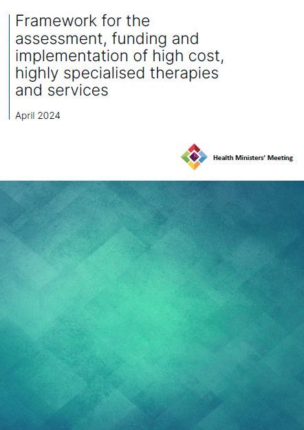 Cover page for the Framework for the assessment, funding and implementation of high cost, highly specialised therapies and services