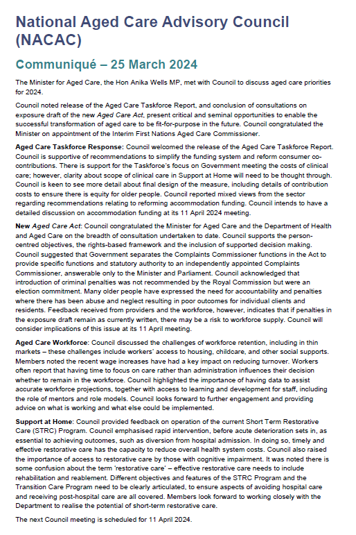 National Aged Care Advisory Council communiqué – 25 March 2024