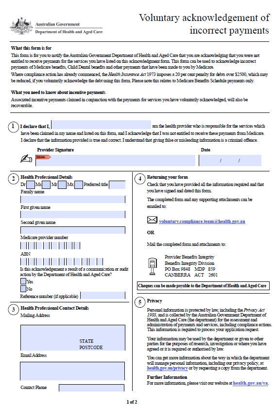 Page 1 of the Voluntary acknowledgement of incorrect payments for Medicare