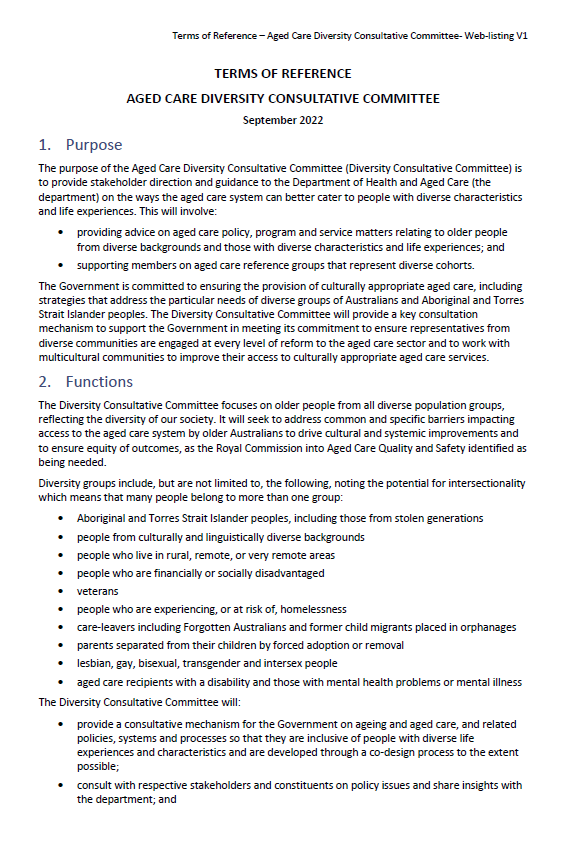 Screen capture of page 1 Aged Care Diversity Consultative Committee terms of reference