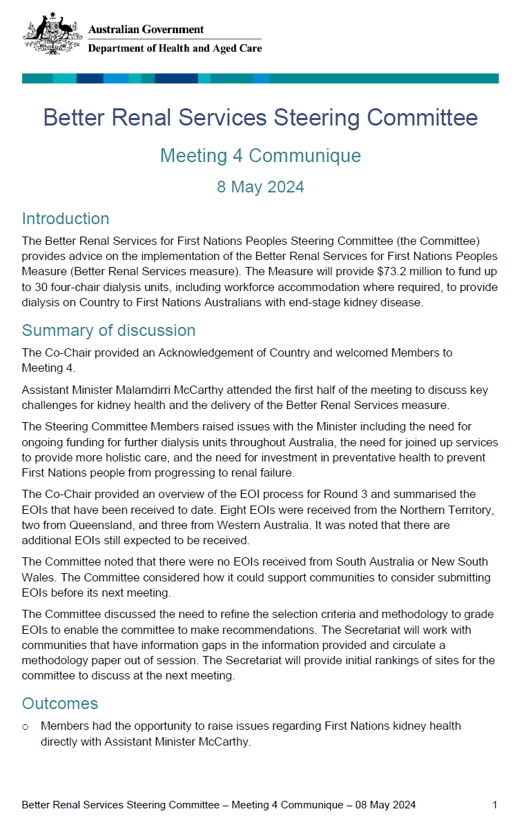 Better renal service steering committee communique 8 May 2024