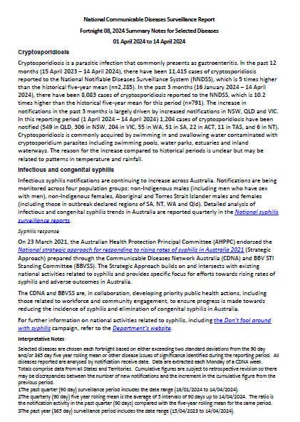 Cover page for the fortnight #8 NNDSS reports – 01 April 2024 to 14 April 2024