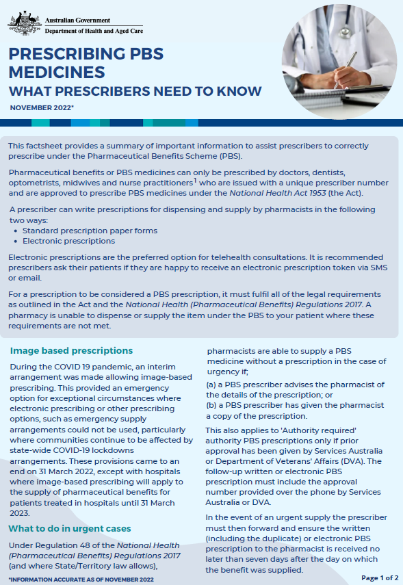 Cover page for the Prescribing Pharmaceutical Benefits Scheme medicines – what prescribers need to know