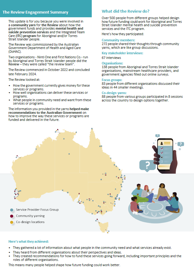 Review of funding and provider capability for First Nations mental health and suicide prevention and integrated care – community engagement summary