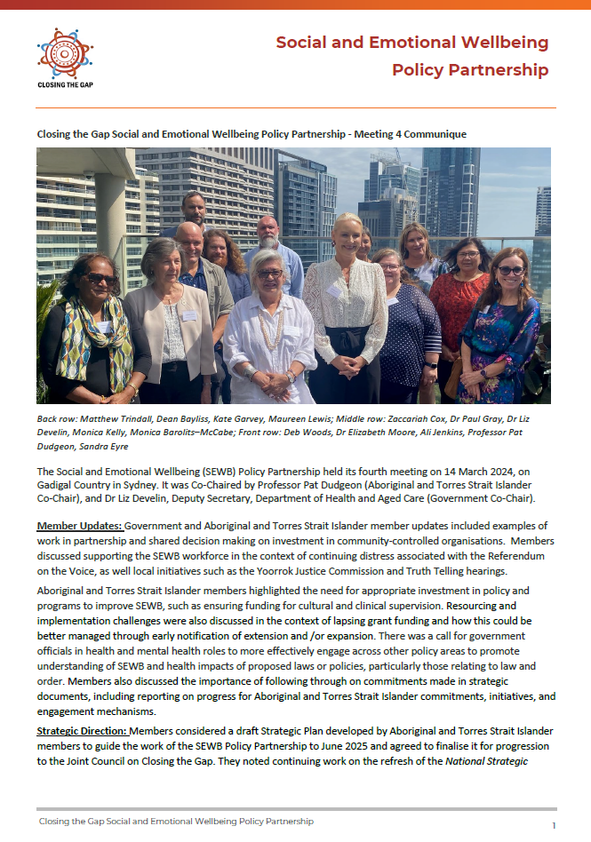 Cover page for the Social and Emotional Wellbeing Policy Partnership communique – Meeting 4