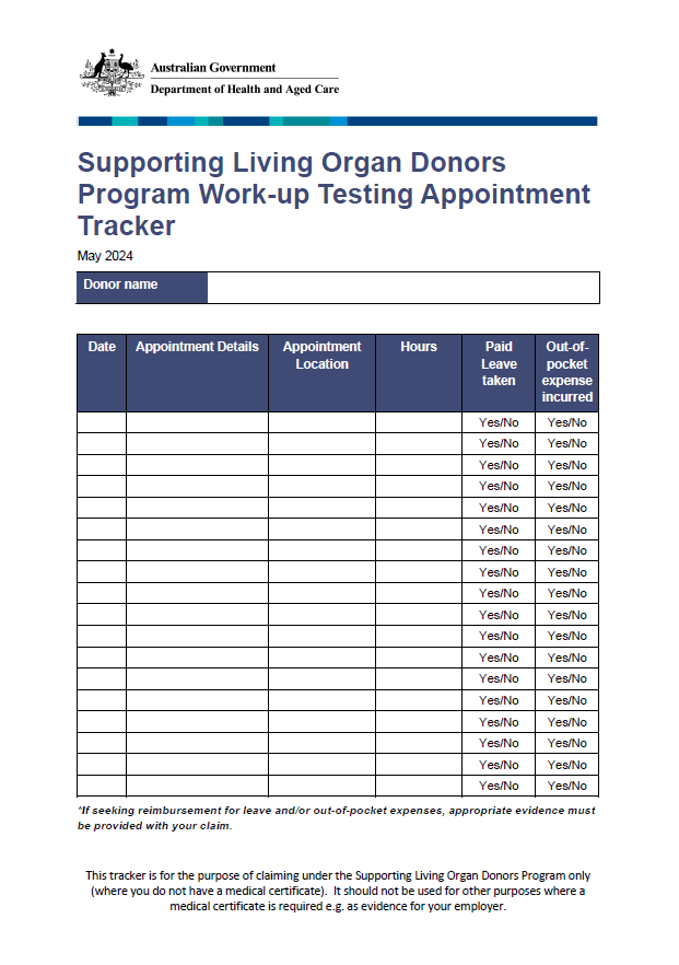 Supporting Living Organ Donors Program work-up appointment tracker
