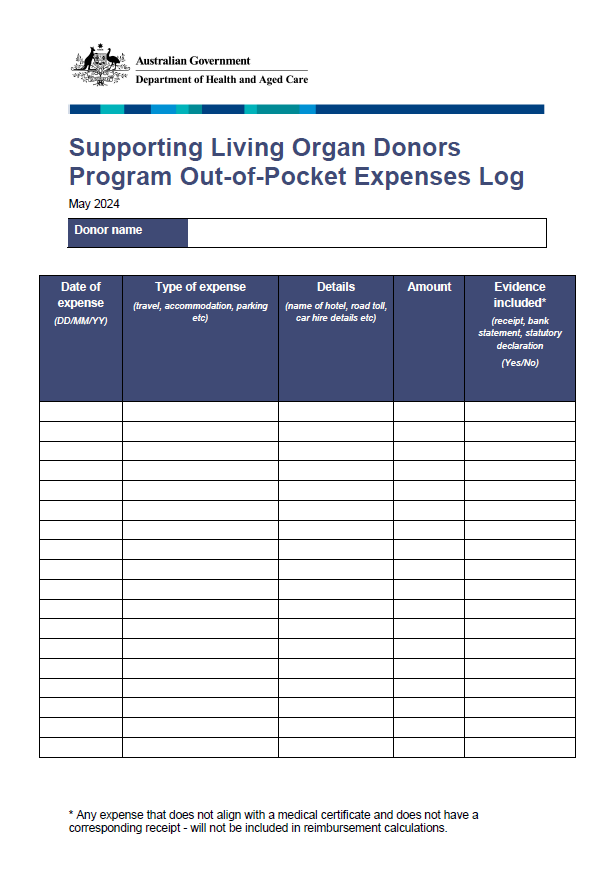 Supporting Living Organ Donors Program out-of-pocket expenses tracker