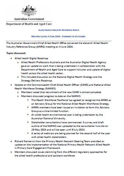 Allied Health Industry Reference Group – Summary of outcomes (Meeting 11)