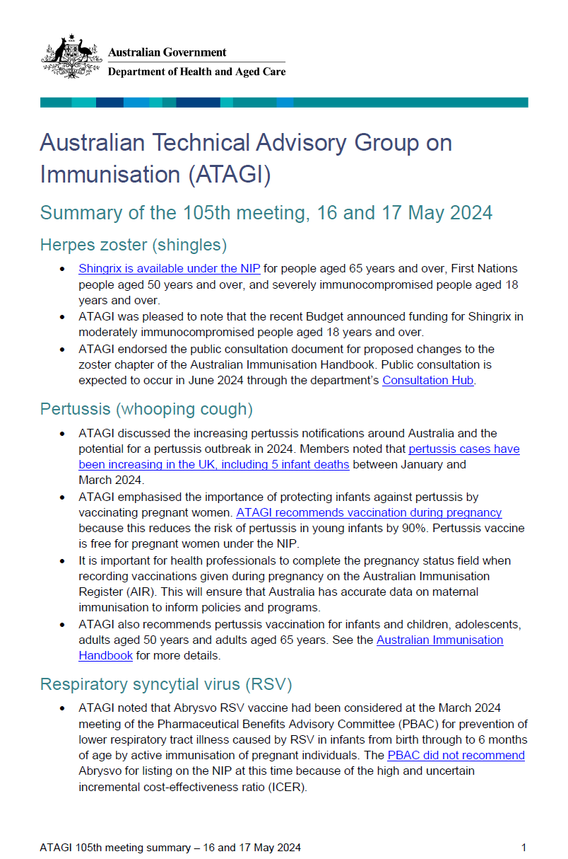 Cover page for the ATAGI 105th meeting bulletin – 16 & 17 May 2024