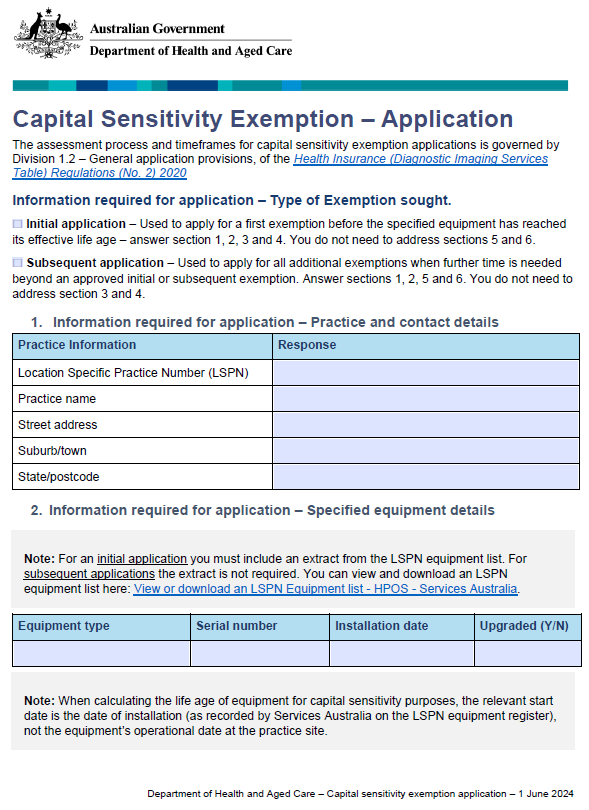 Cover image of the Capital Sensitivity Exemption – Application form