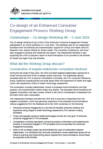 Cover page for the Co-design Working Group communique – 3 June 2024