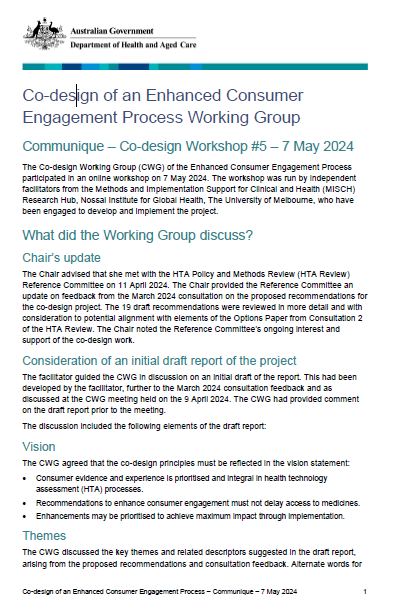 Co-design of an Enhanced Consumer Engagement Process – Co-design Working Group communique – 5-7 May 2024