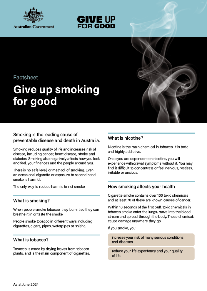 Cover of factsheet - Give up smoking for good