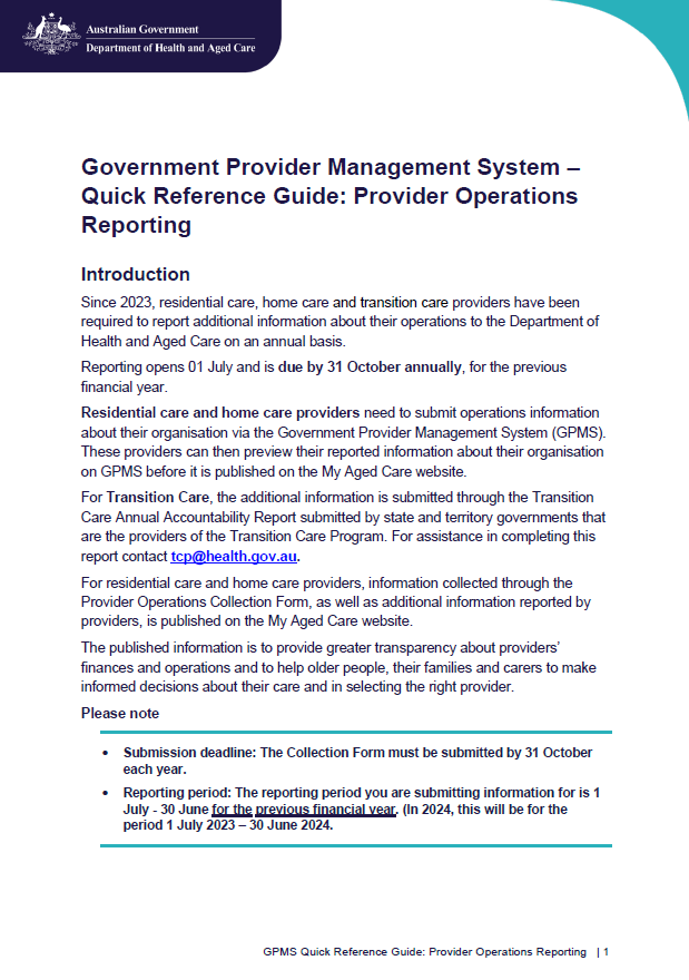 Government Provider Management System – Quick Reference Guide: Provider Operations Reporting  