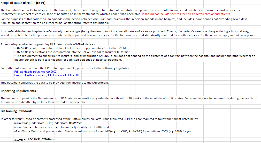 HCP data specifications – HCP1 – Insurer to department – 2024–25