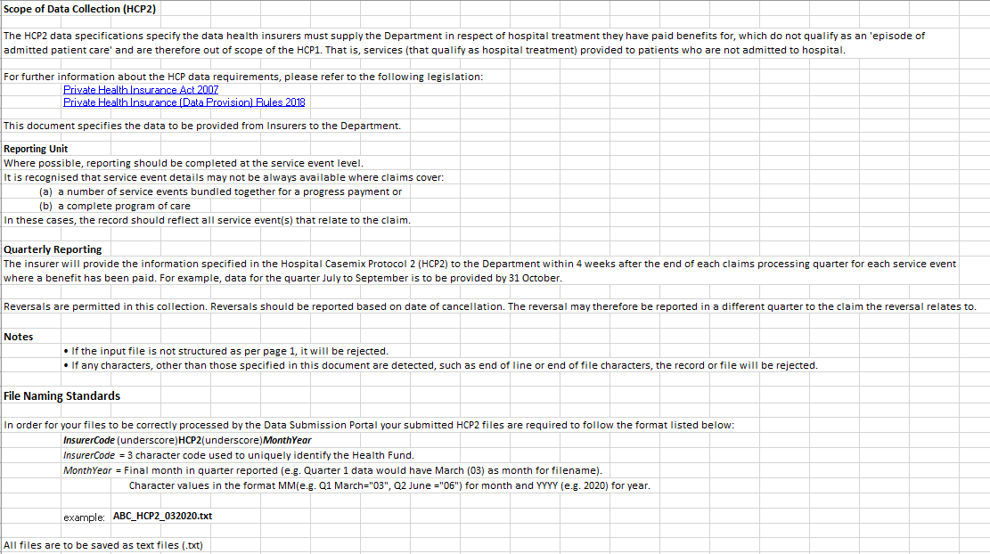 HCP data specifications – HCP2 – Insurer to department – 2024–25