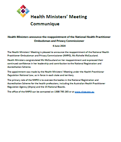 Screen capture of the Health Ministers Meeting (HMM) Communique – Reappointment of NHPO – June 2024