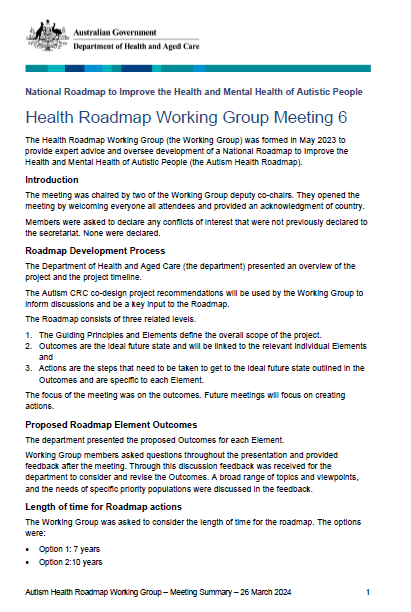 Health roadmap working group – Summary meeting 6