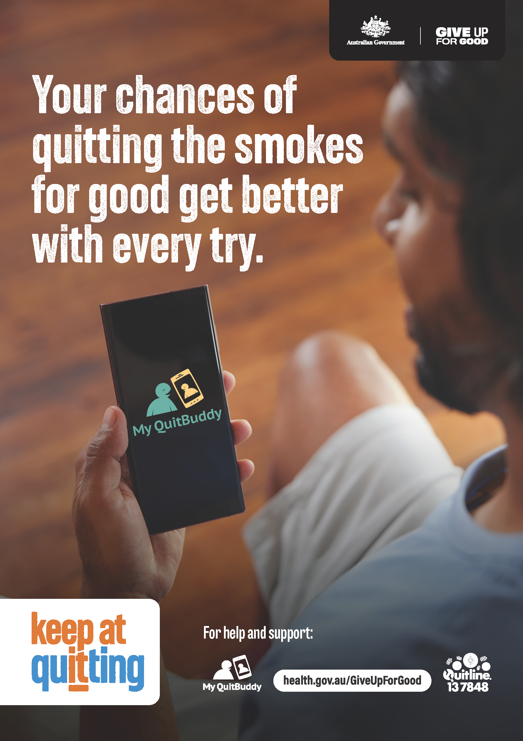 Person looking at their phone with the My Quit Buddy app displayed. Text above "Your chances of quitting the smokes for good get better with every try