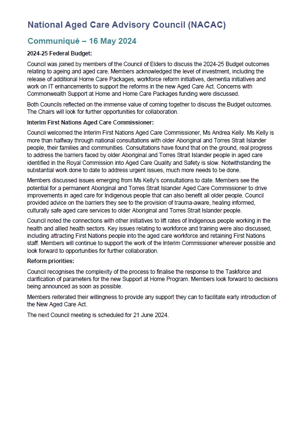 National Aged Care Advisory Council communique – 16 May 2024