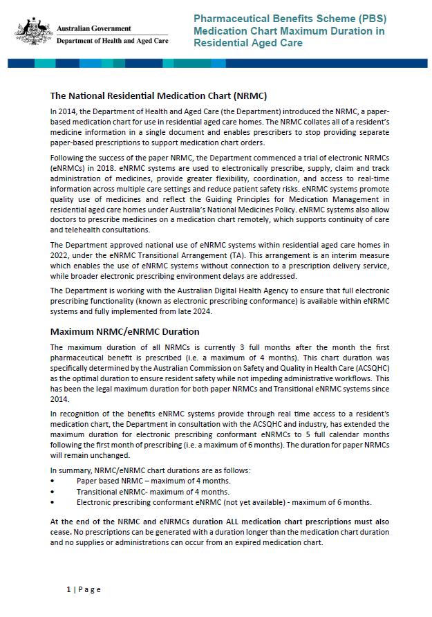 Pharmaceutical Benefits Scheme (PBS) medication chart maximum duration in residential aged care – fact sheet and frequently asked questions
