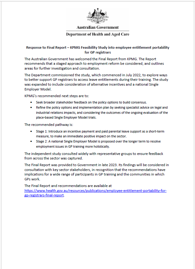 Response to final report – KPMG feasibility study into employee entitlement portability for GP registrars