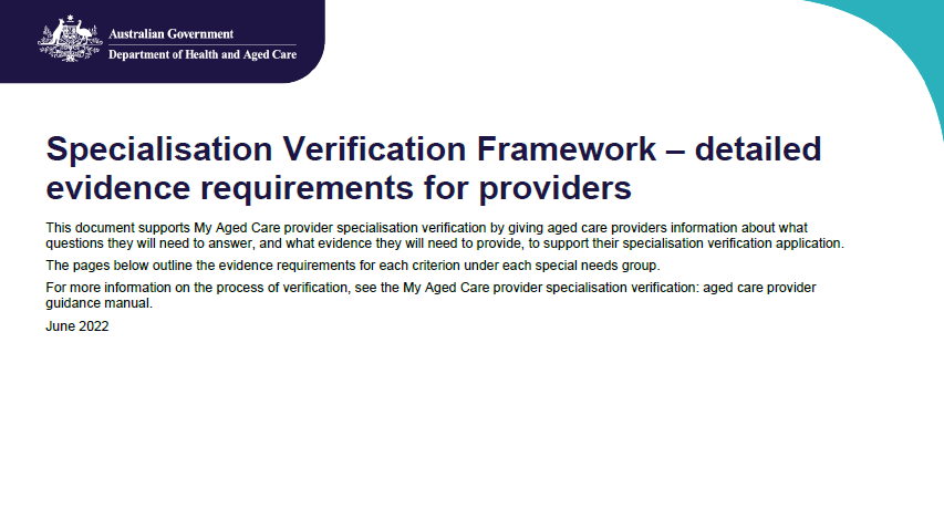 Cover page for the Specialisation Verification Framework – detailed evidence requirements for providers