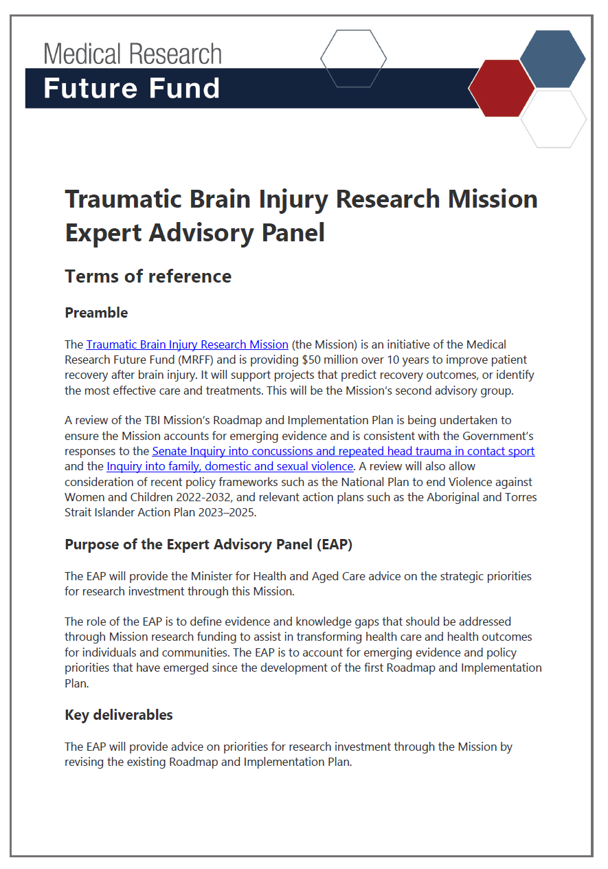Cover page of the Traumatic Brain Injury Research Mission Expert Advisory Panel