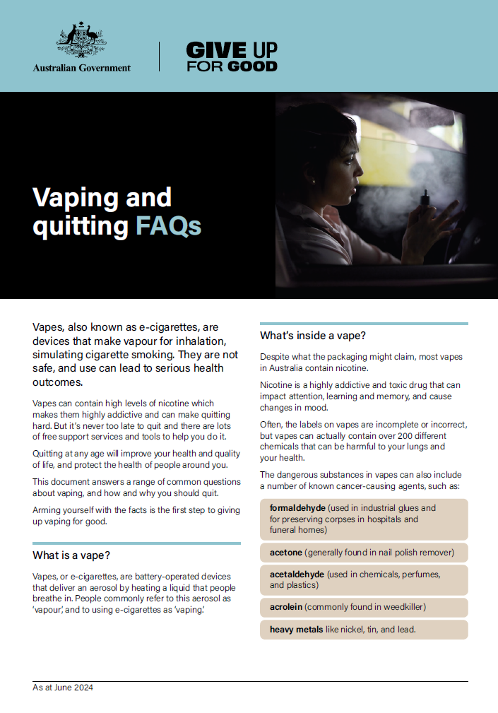 Cover page of the Vaping and Quitting FAQs document