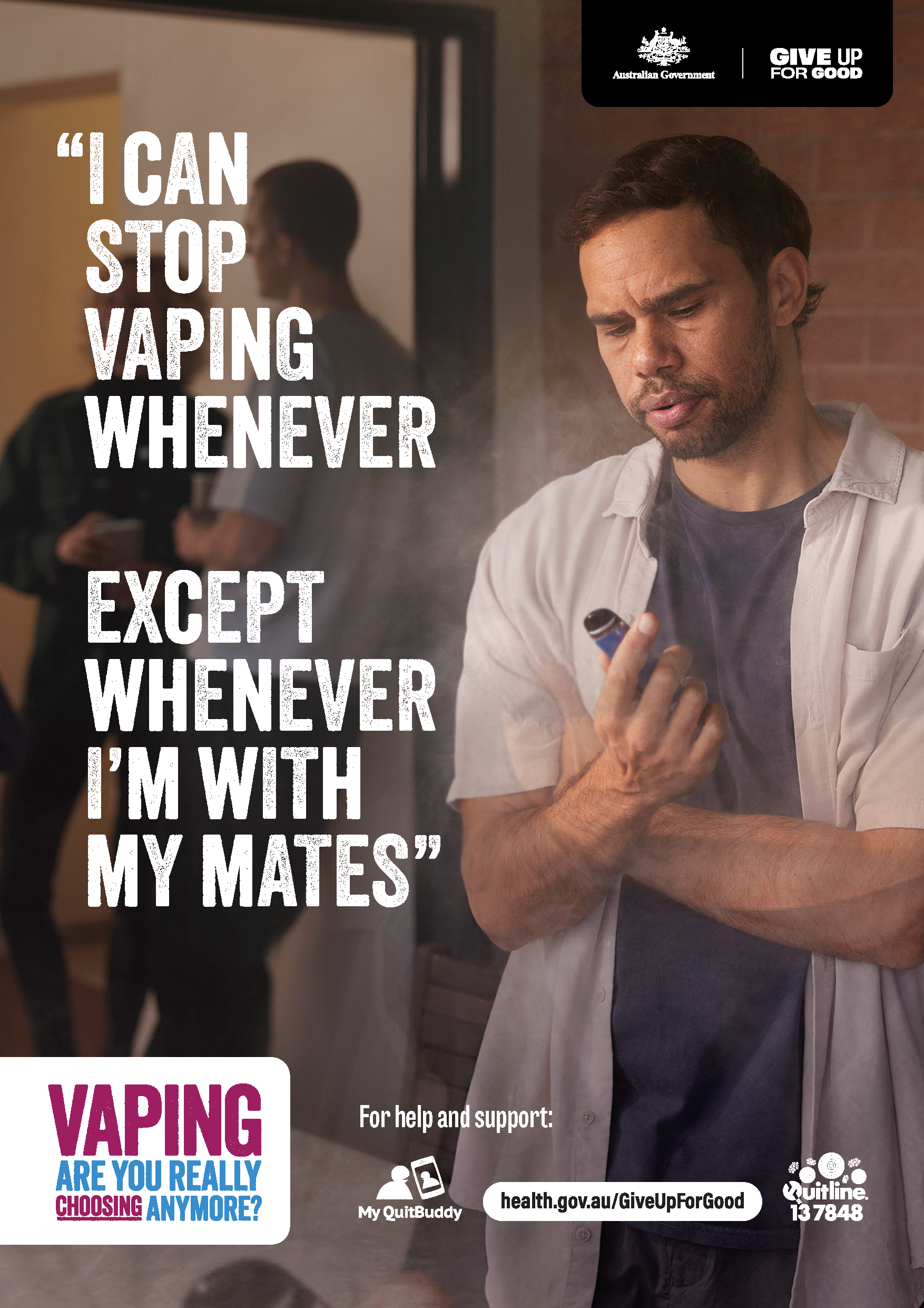 Person holding a vape in their hand and looking at it with a puzzled expression, text above the image with the words Vaping - are you really choosing anymore?