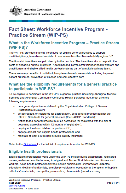 Page 1 of the fact sheet Workforce Incentive Program – Practice Stream (WIP-PS)