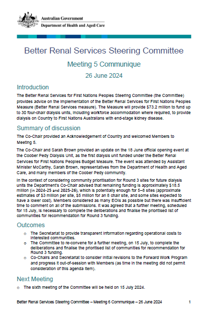 Cover page for the Better Renal Services Steering Committee communique – 26 June 2024