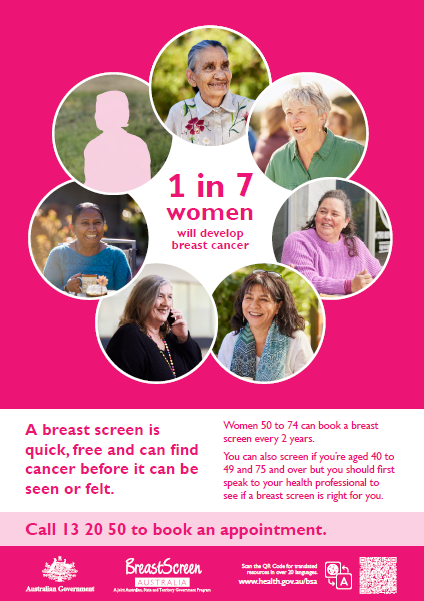BreastScreen Australia – 1 in 7 women will develop breast cancer poster