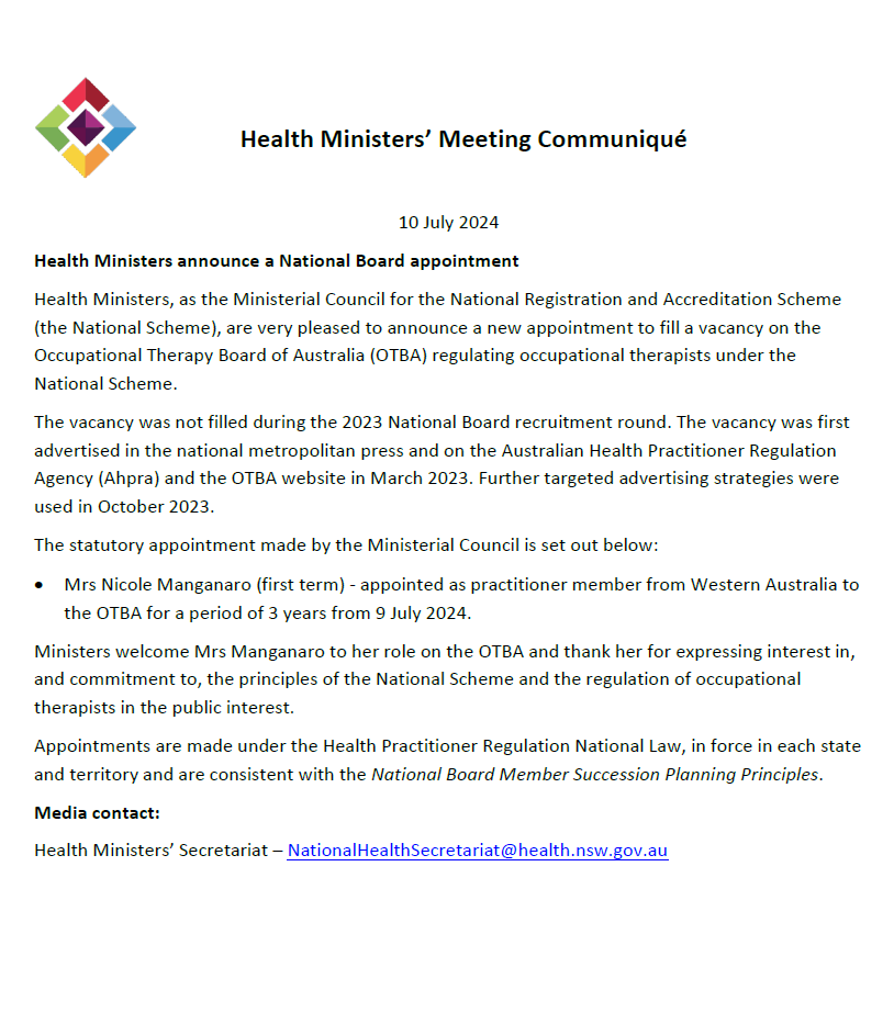 Screen capture of the Health Ministers Meeting (HMM) – Communique announcing instrument of appointment to the Occupational Therapy Board of Australia