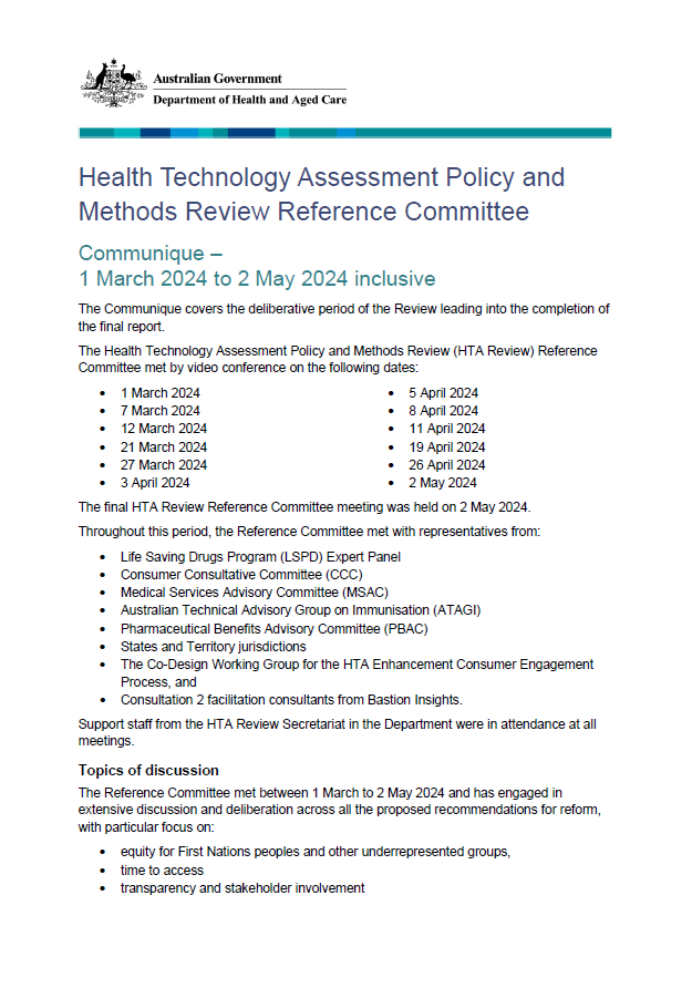 Health Technology Assessment Policy and Methods Review Reference Committee – Communique – 1 March 2024 to 2 May 2024
