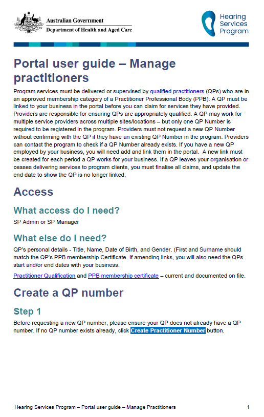 Screen capture of the cover page for Hearing Services Program portal user guide – Manage practitioners