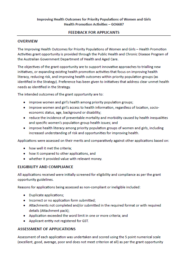 Improving Health Outcomes for Priority Populations of Women and Girls – Health Promotion Activities – GO6687 – Feedback for Applicants