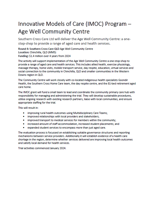 Innovative Models of Care (IMOC) Program – Age Well Community Centre