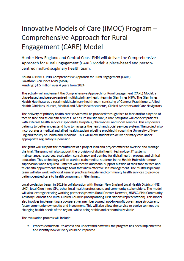Innovative Models of Care (IMOC) Program – Comprehensive Approach for Rural Engagement (CARE) Model