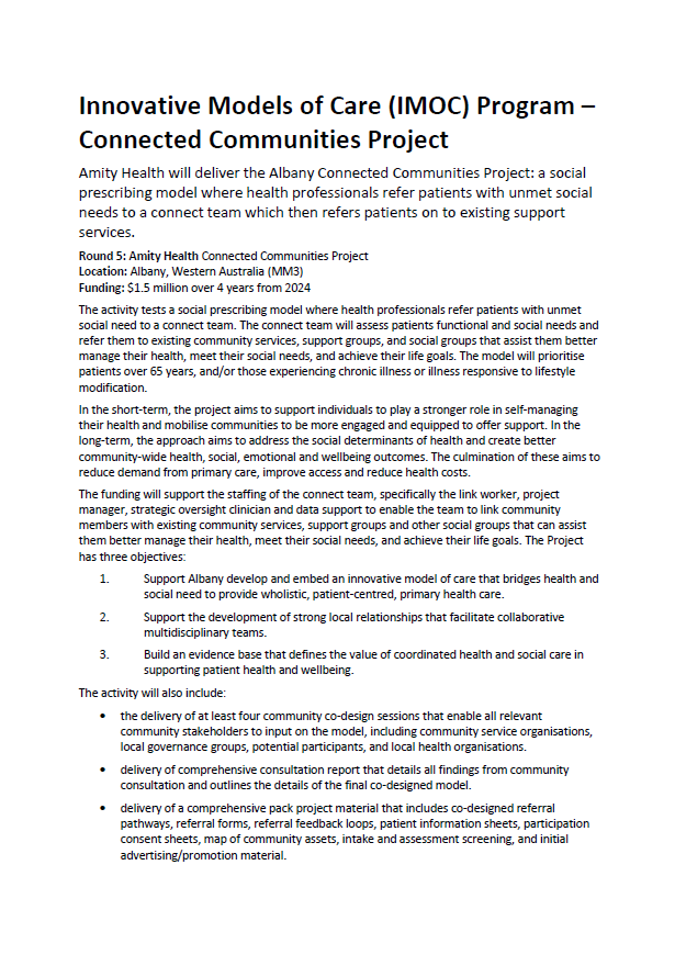 Innovative Models of Care (IMOC) Program – Connected Communities Project