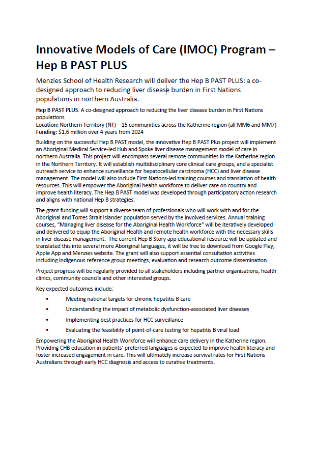 Innovative Models of Care (IMOC) Program – Hep B PAST PLUS
