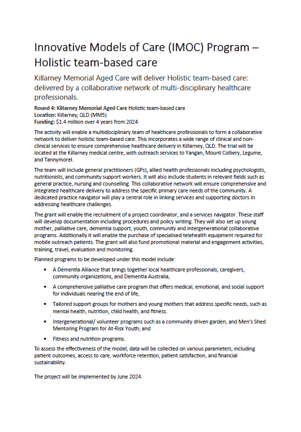 Innovative Models of Care (IMOC) Program – Holistic team-based care
