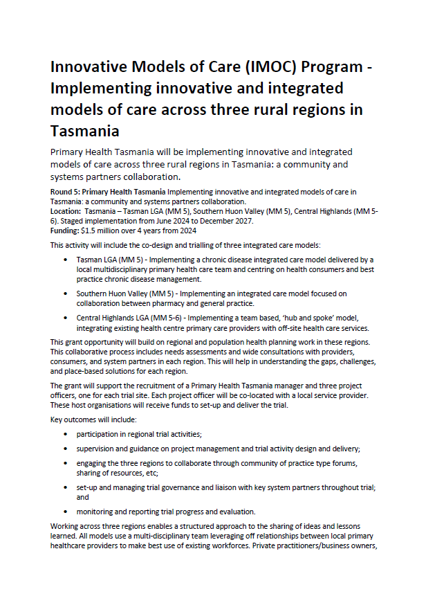 Innovative Models of Care (IMOC) Program – Implementing innovative and integrated models of care across 3 rural regions in Tasmania
