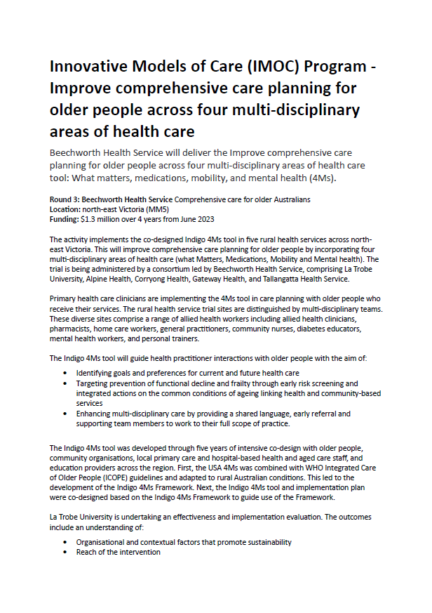 Innovative Models of Care (IMOC) Program – Improve comprehensive care planning for older people across four multi-disciplinary areas of health care