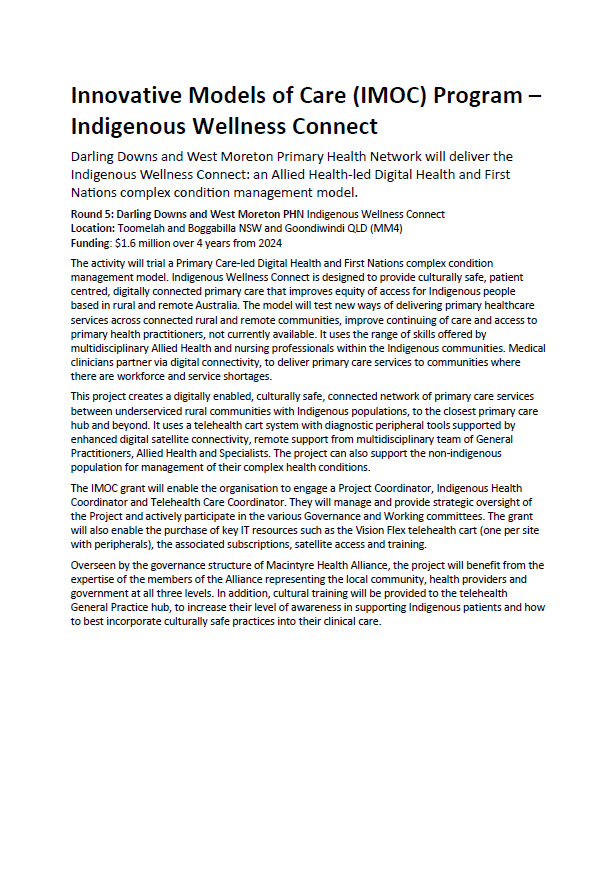 Innovative Models of Care (IMOC) Program – Indigenous Wellness Connect