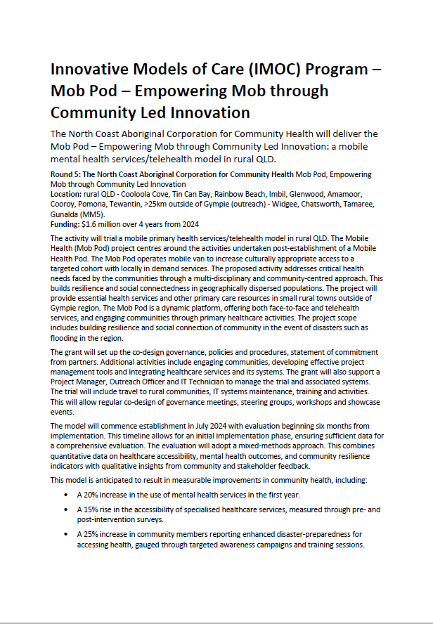 Innovative Models of Care (IMOC) Program – Mob Pod – Empowering Mob through Community Led Innovation