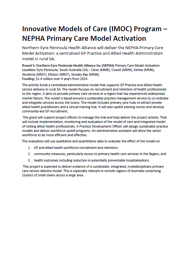 Innovative Models of Care (IMOC) Program – NEPHA Primary Care Model Activation
