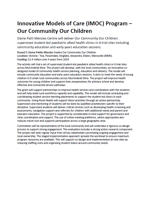 Innovative Models of Care (IMOC) Program – Our Community Our Children