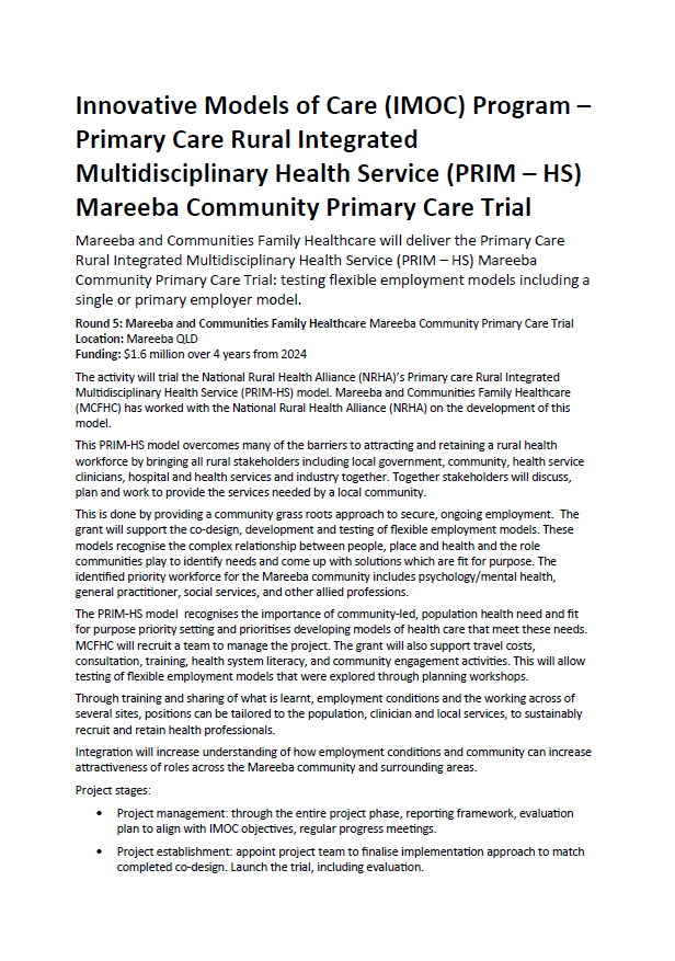 Innovative Models of Care (IMOC) Program – Primary Care Rural Integrated Multidisciplinary Health Service Mareeba Community Primary Care Trial