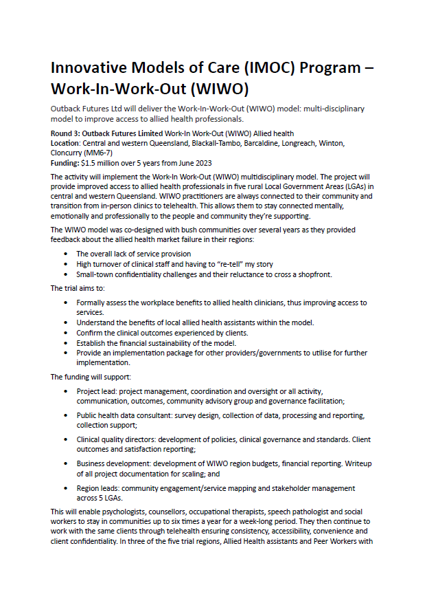 Innovative Models of Care (IMOC) Program – Work-In-Work-Out (WIWO)